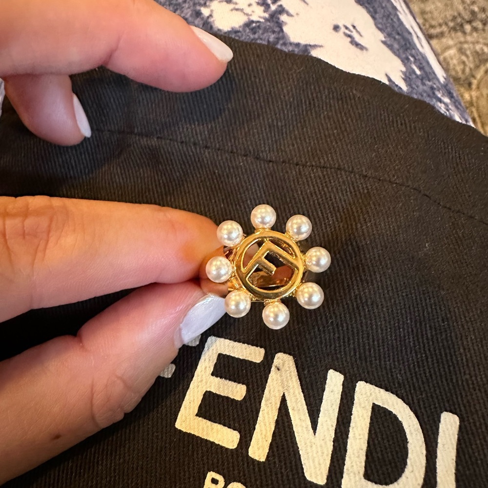 Fendi Gold Tone F Is Fendi Pearl Ring - size 7